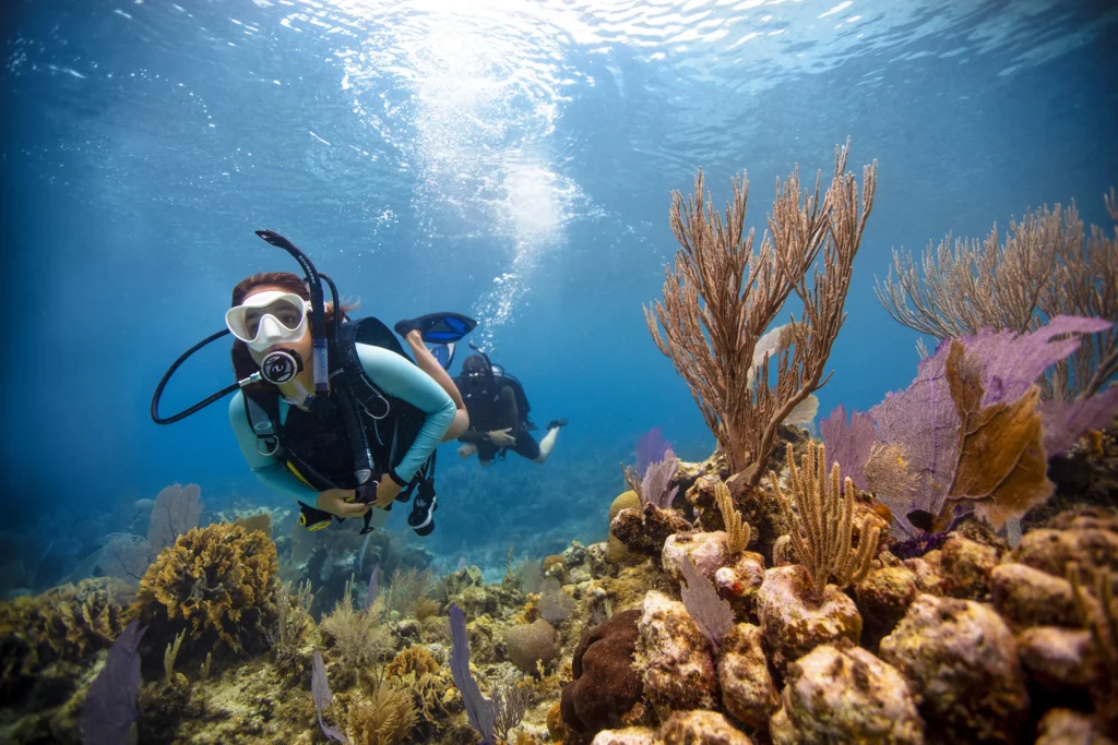 A PADI Instructor supervises a student diver along a coral reef during a PADI Open Water Course.