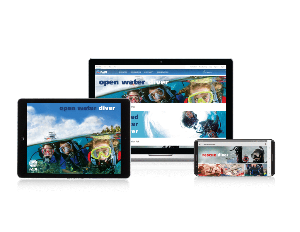 PADI eLearning displayed on desktop, tablet, and mobile devices.